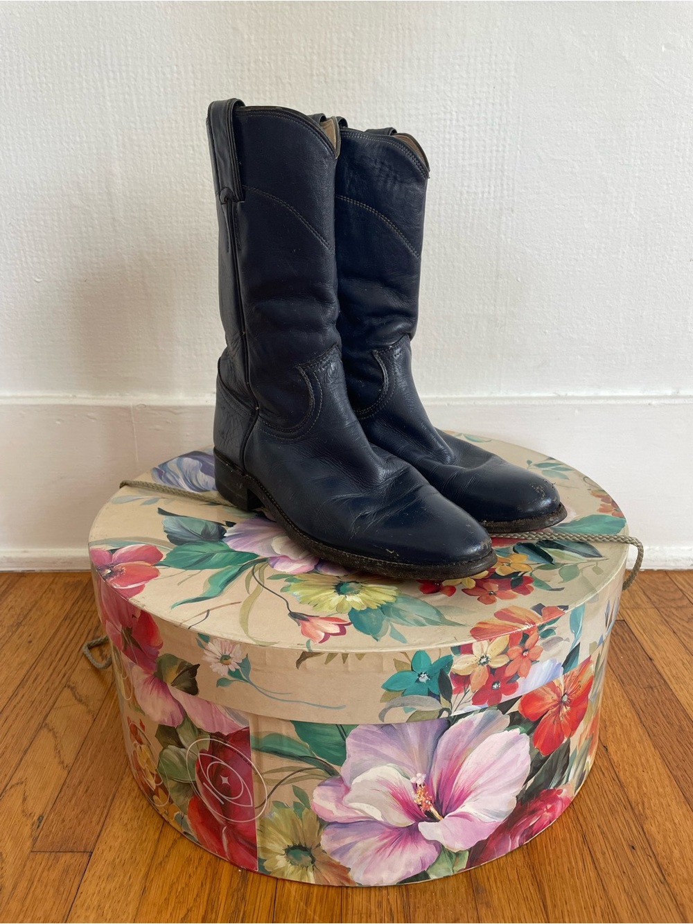 Justin Roper Pull On Women's 8 Men’s 6.5 NAVY Leather Mid-Calf Cowboy Boots